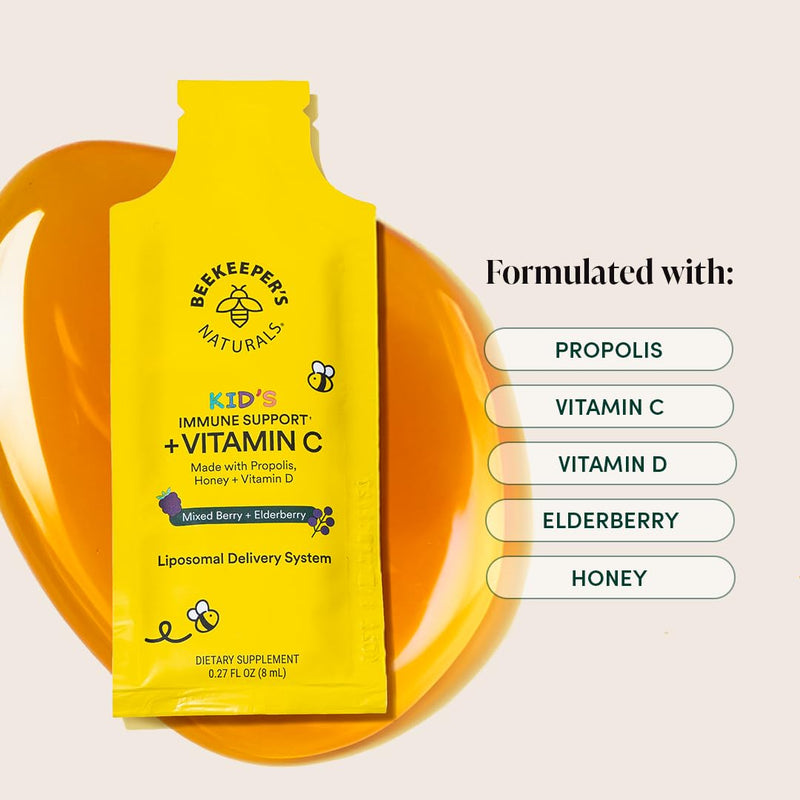 Beekeeper's Naturals Kid's Immune Liposomal Vitamin C, Mixed Berry, 30 Ct | 500 mg Vitamin C, Elderberry, Vitamin D, Propolis & Honey, Easy to Use Kids 30 Packets