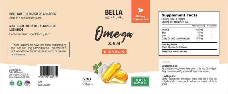 Bella All Natural Omega 3 6 9 with Garlic Oil - 200 Softgels