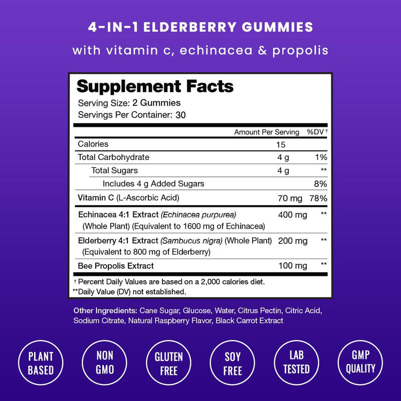 NutraChamps Elderberry Gummies with Vitamin C, Propolis & Echinacea - Immune System Support Gummy Vitamins for Adults & Kids - Max Strength 200mg Sambucus Antioxidant 60 Count (Pack of 1)