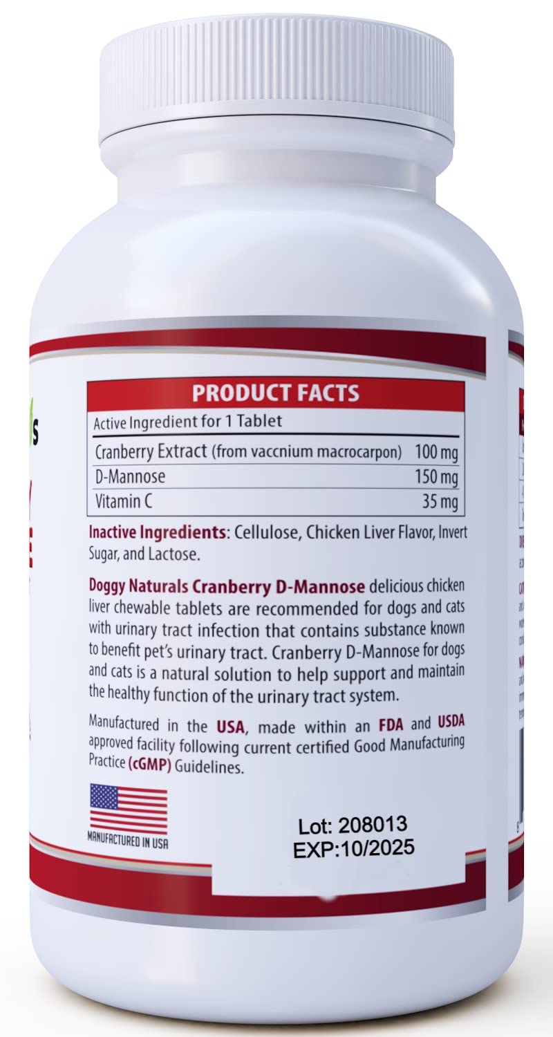 Cranberry D-Mannose for Dogs and Cats Urinary Tract Infection Support Prevents and Eliminates UTI, Bladder Infection Kidney Support, Antioxidant (Single Strength Tablet, 60 Count) Single Strength Tablet