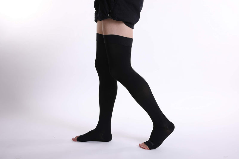 Doc Miller Thigh High Open Toe Compression Stockings 15-20mmHg Large Black