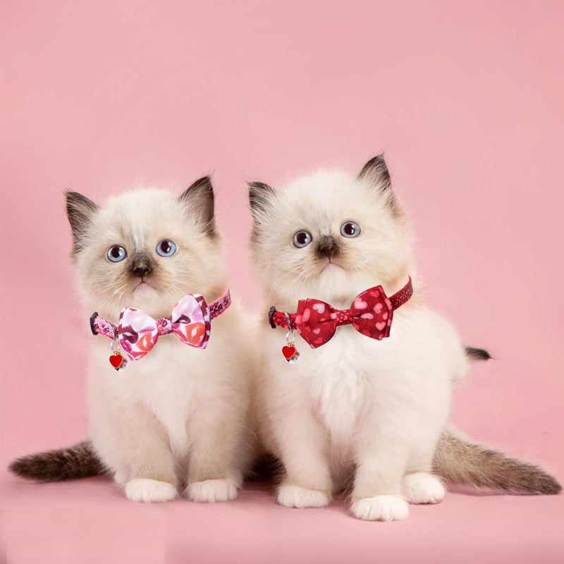 2Pcs Valentine's Day Cat Collars Holiday Breakaway Loving Heart Kitty Kitten Collars Breakaway Cat Bowtie Collars Red Pink Heart Pattern Collars with Cute Bow Tie Bell for Cats Kittens Valentine's Day Pattern 7.5''-11'' - BeesActive Australia