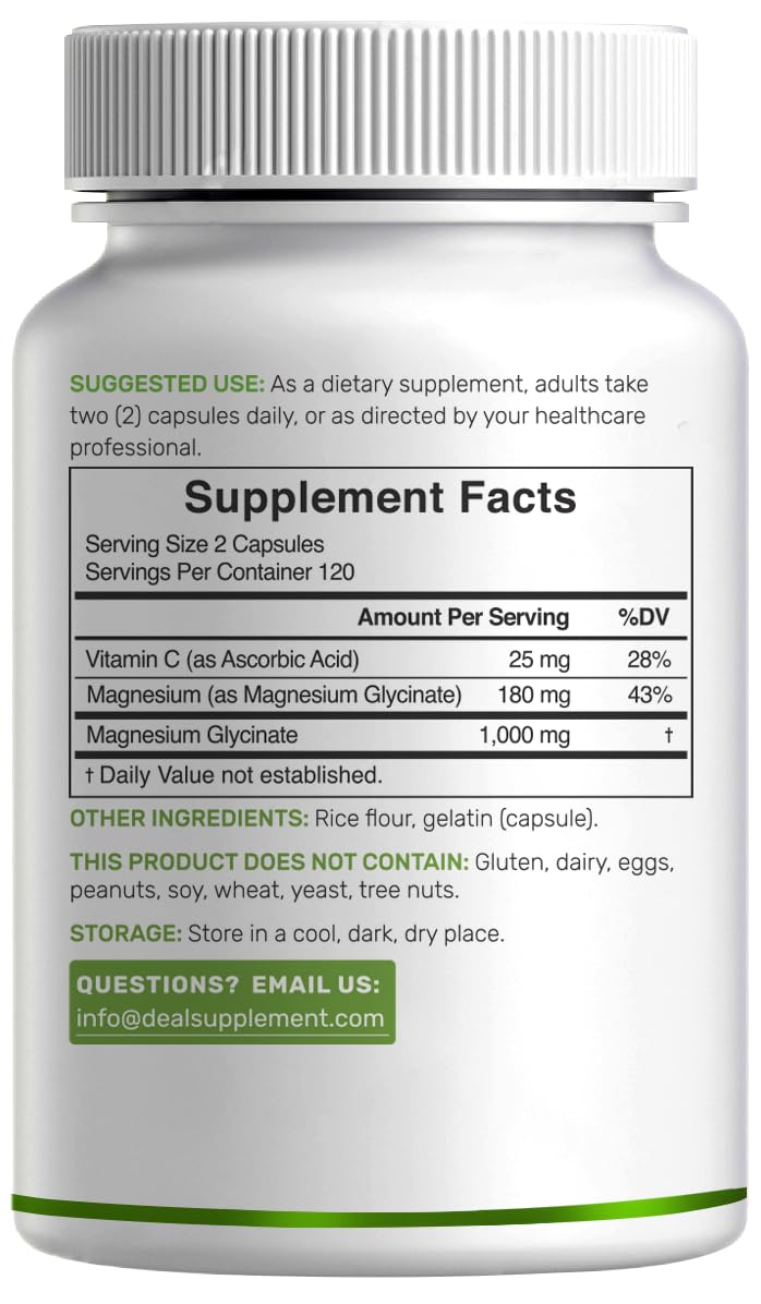 Magnesium Glycinate 500mg Per Capsule (1000mg Per Serving) Plus Vitamin C, 240 Capsules – 100% Chelated for Easy Absorption – Essential Mineral Supplement