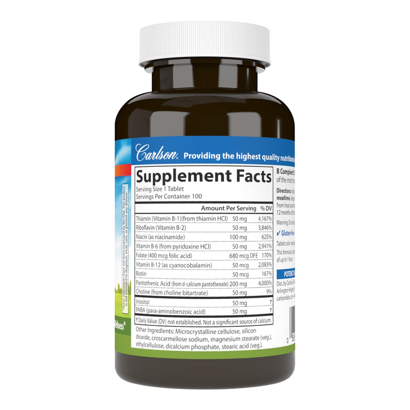 Carlson B Compleet 50, Balanced Vitamin B Complex, 100 Tablets | Energy Production; Cellular Support; Optimal Wellness