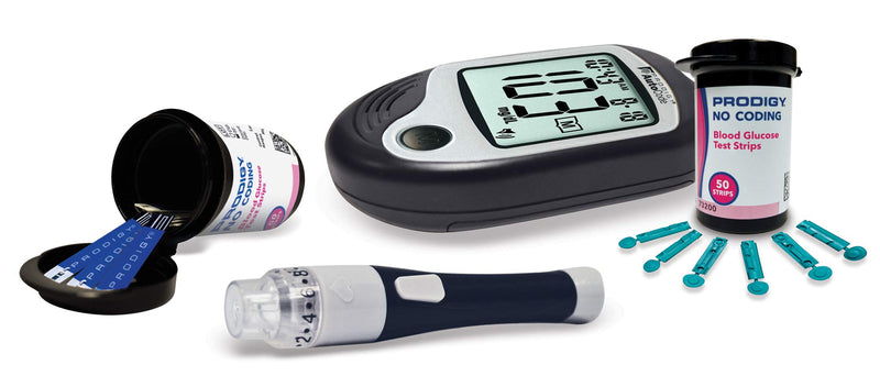 Prodigy Glucose Monitor Kit - Includes Prodigy Meter, 100ct test strips, 10ct Lancets, Lancing device, Carrying Case, Log Book - BeesActive Australia