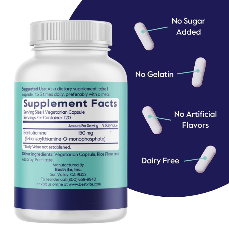 BESTVITE Benfotiamine 150mg (360 Veg Caps) (120x3) - No Stearates - Vegan | Fat Soluble Vitamin B1 Thiamine Supplement - No Silicon Dioxide - Non GMO - Gluten Free - Easy to Swallow Capsules 1 Count (Pack of 360)