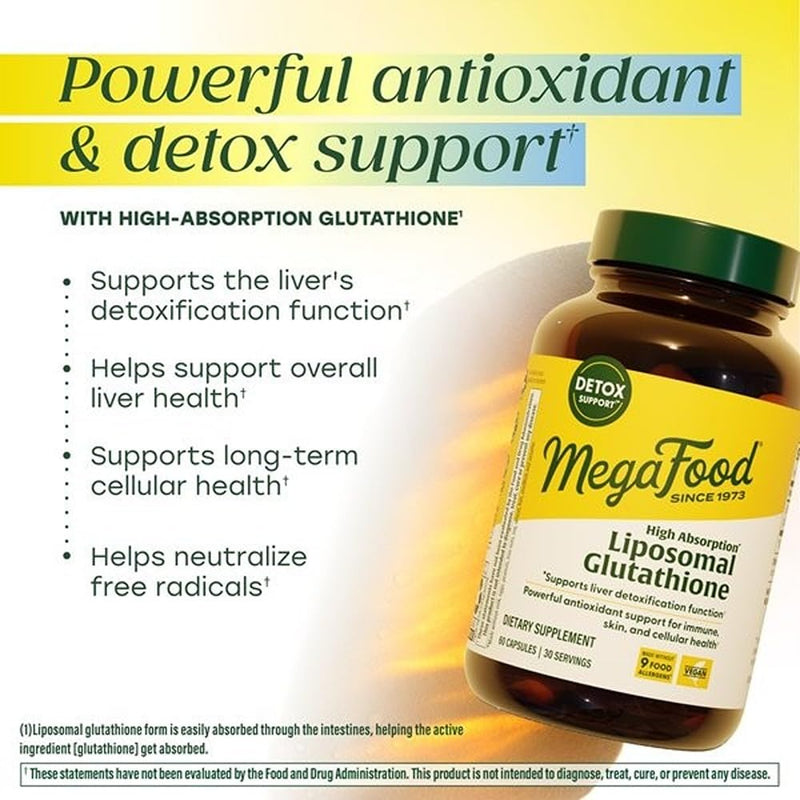 MegaFood High Absorption Liposomal Glutathione Supplement, 60 Capsules | Liver Detox & Antioxidant Support for Immune, Skin, Brain, Heart and Cellular Health, Healthy Aging, Vegan, 30 Servings