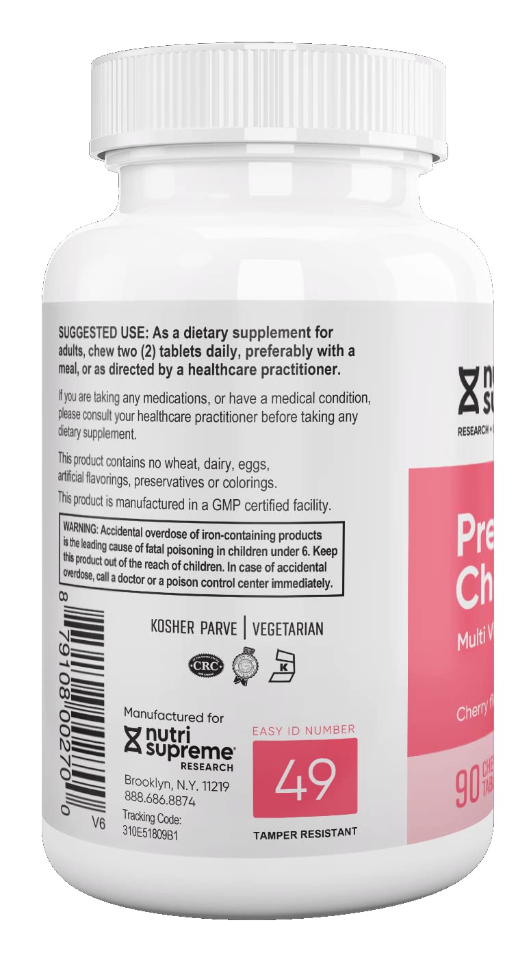Nutri Supreme Prenatal Vitamin, Chewable Prenatal Vitamins for Women with 800 MCG of Folate, Complete Pregnancy Multivitamin with Iron, Kosher, Cherry Flavor, 90 Count Chewables- 90 Count