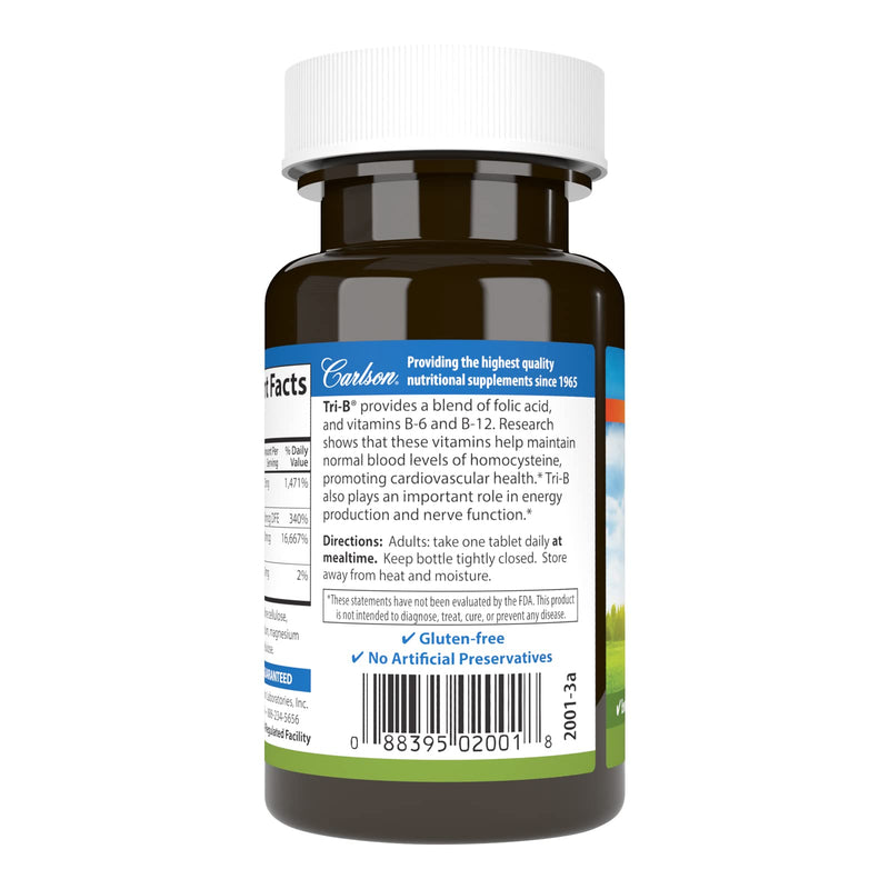 Carlson Tri-B, Vitamin B Complex, 25 mg Vitamin B-6, 120 Tablets | 400 mcg Vitamin B-12; Folic Acid; B Complex Vitamins; B12 Supplement; B Vitamin Complex 120 Count (Pack of 1)