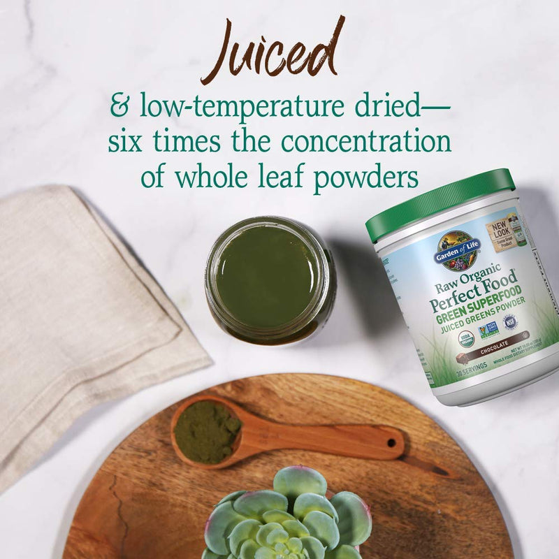 Garden of Life Raw Organic Perfect Food Green Superfood Juiced Greens Powder - Chocolate, 30 Servings - Non-GMO, Gluten Free, Vegan Whole Food Dietary Supplement, Plus Probiotics & Enzymes | Juiced Cereal Grasses, Plant Based Green Supplements for Immu...