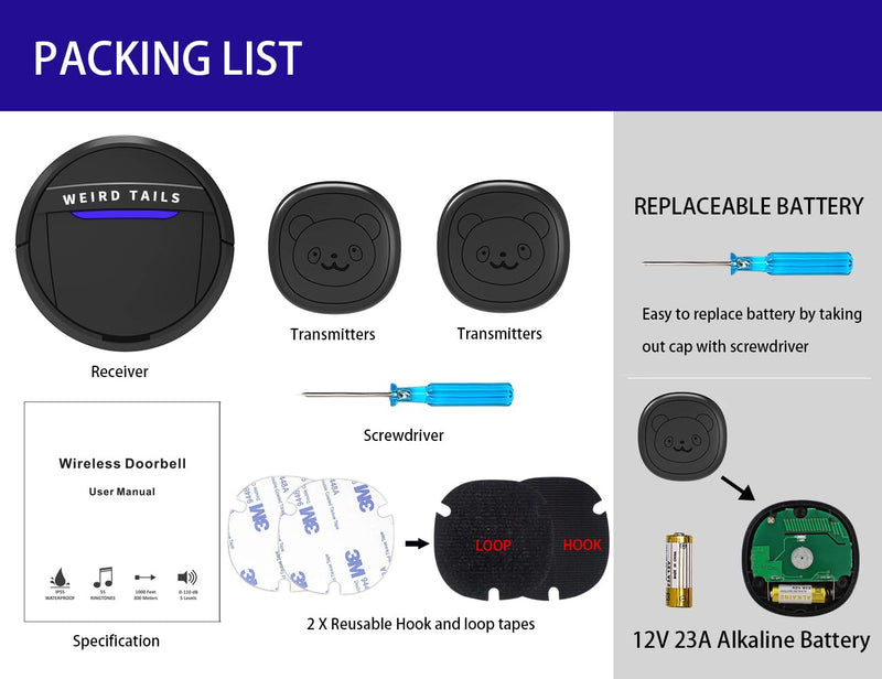 Wireless Doorbell, Dog Bells for Potty Training IP55 Waterproof Doorbell Chime Operating at 950 Feet with 55 Melodies 5 Volume Levels LED Flash (1 Receiver 2 Transmitters) 1 Receiver 2 Transmitters - BeesActive Australia