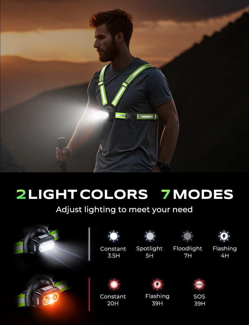 500LM High-Visibility Running Lights for Runners with 7 Modes, Adjustable 45° Beam, 360° Reflective Vest & IPX4 Waterproof Running Vest Headlamp for Night Walking/Cycling, 3.5-20Hrs Runtime - BeesActive Australia