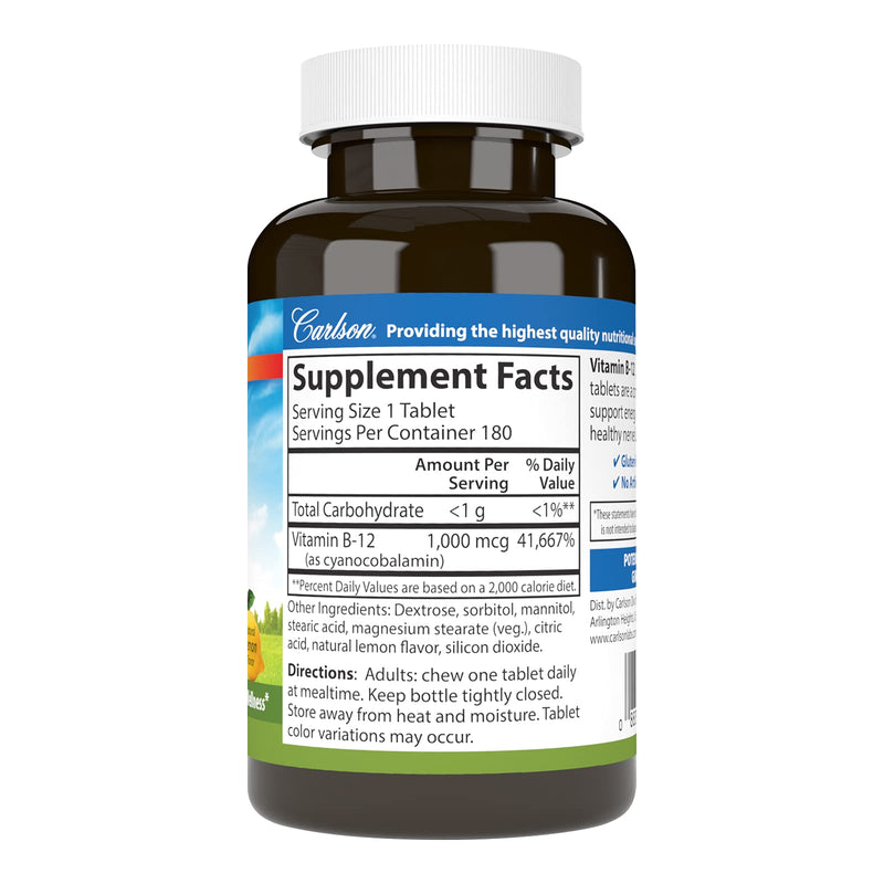 Carlson Chewable B-12, 1000 mcg, Vitamin B12, Lemon, 180 Chewable Tablets | Energy Production; Optimal Wellness 180 Count (Pack of 1)