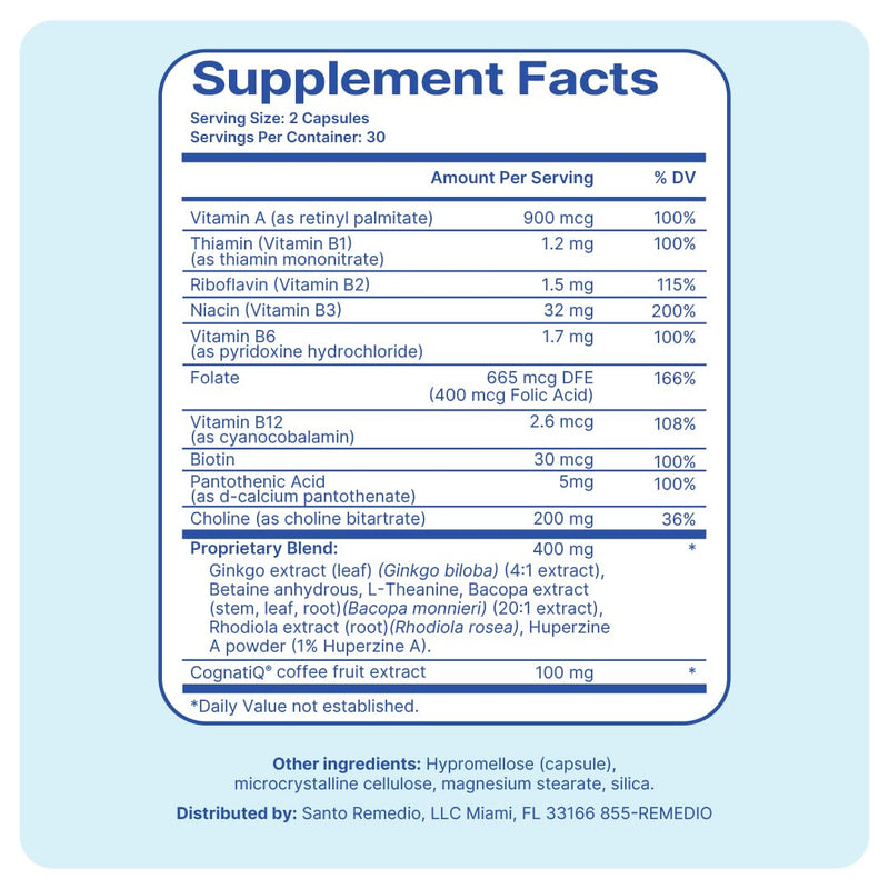 Santo Remedio Memoria, Brain Health Booster, Helps Strengthen Neural Connections, Helps Improve Attention, Memory, and Concentration, 30 Servings, Gluten Free, Non-GMO - BeesActive Australia