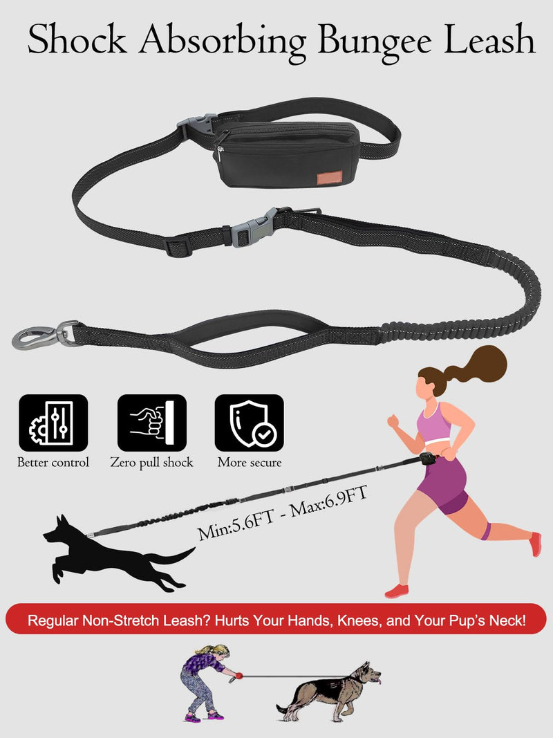 Hands Free Dog Leash with Zipper Pouch & Waist Belt – Reflective Durable Bungee Leash with Dual Padded Handles for Walking, Jogging & Running, Fits Small to Large Dogs (Black) Black