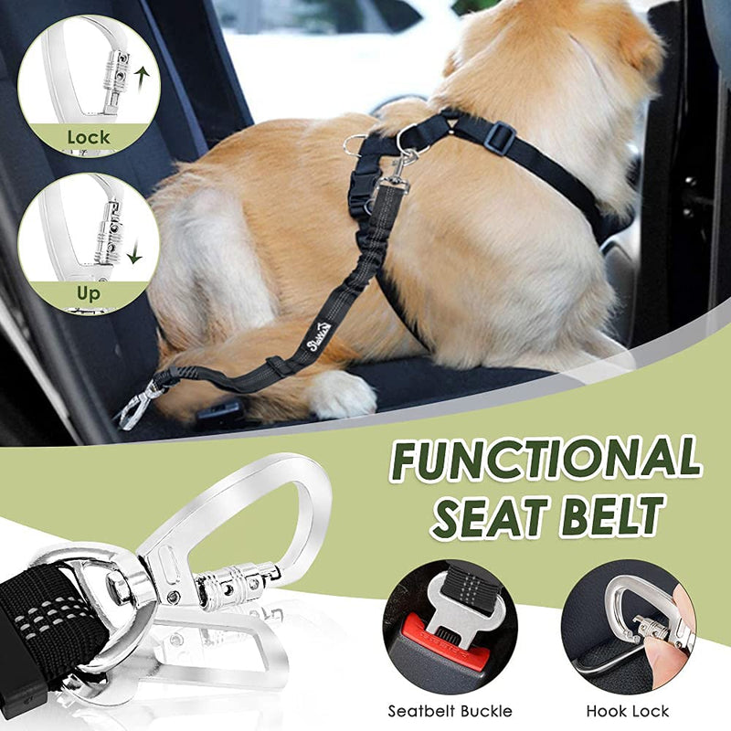 SlowTon Dog Seatbelt, 2 Pack Dog Seat Belt Car Leash Adjustable Elastic Bungee Buffer Heavy Duty Nylon Reflective Pet Safety Tether Connect to Dog Harness for Travel Riding in Vehicle (Daul Clip, B) Black Seatbelt Clip + Carabiner - BeesActive Australia