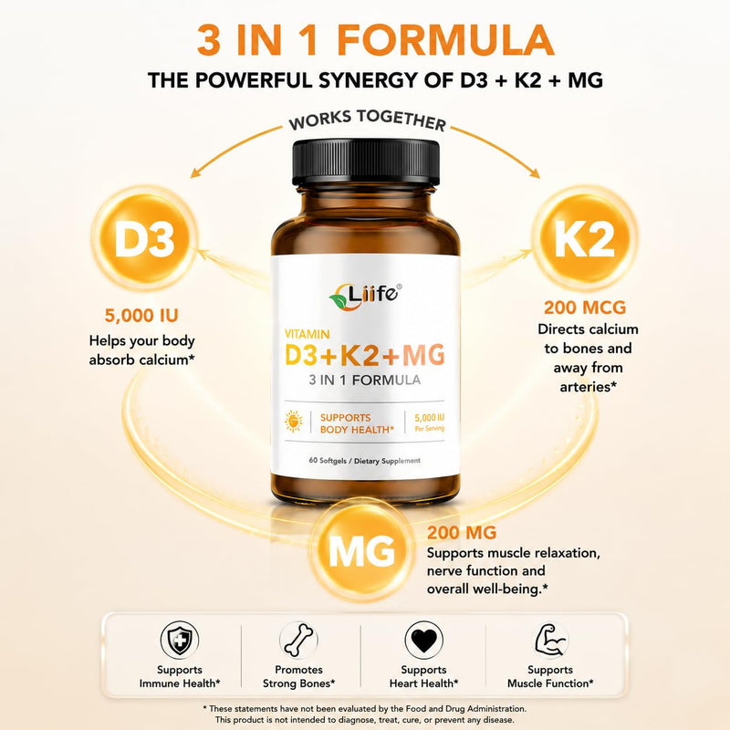 LIIFE D3 K2 with Magnesium Bisglycinate & B6, 5000 IU D3, MK7&MK4 K2 | Complex blend D3 K2, Magnesium Bisglycinate & B6 with coconut oil. High absorption, Non-GMO & Gluten-Free formula