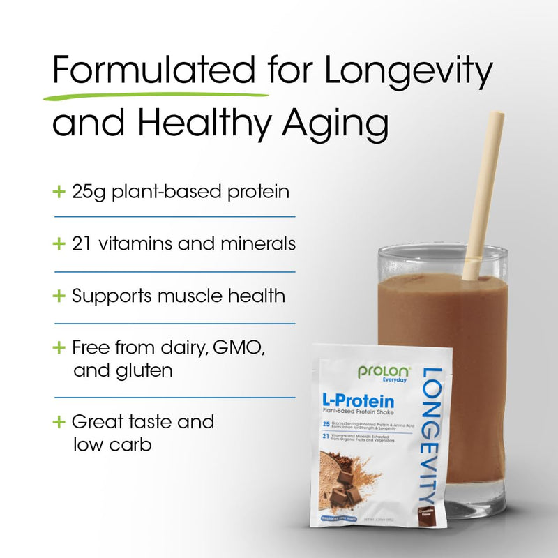 Prolon Longevity Plant Based Protein Powder | Muscle Synthesis & Repair, Healthy Aging, Boost Performance | Vitamins, Gluten Free, Amino Acids, Antioxidants | 25g of Protein | Chocolate, 12 Packets 1.28 Pound (Pack of 1)