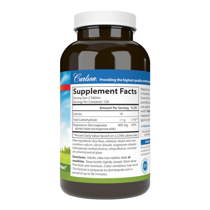 Carlson Chelated Magnesium Glycinate, 400 mg, Muscle Function, 240 Tablets | Superior Absorption; Bone Support 240 Count (Pack of 1)
