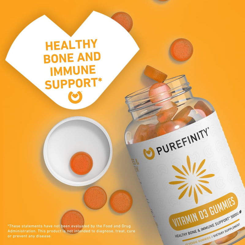 PUREFINITY Vitamin D3 5000 iu Gummies – Your Daily Vitamin D Supplement for Bone Health, Immune Health, and Joint Muscle Support for Adults & Kids – Gluten Free, Non-GMO – 60 Veggie Gummies