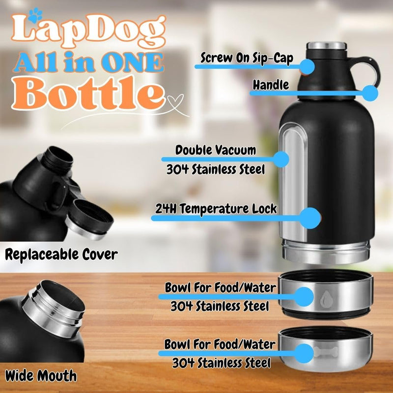 Lapdog Portable Dog Water Bottle & Food Bowls, All-in-One Accessories for Walking, Hiking, Beach- Double Walled, Insulated, Stainless Steel Water Dispenser (White/Powder Blue, without Neoprene Bag) White/Powder Blue - BeesActive Australia