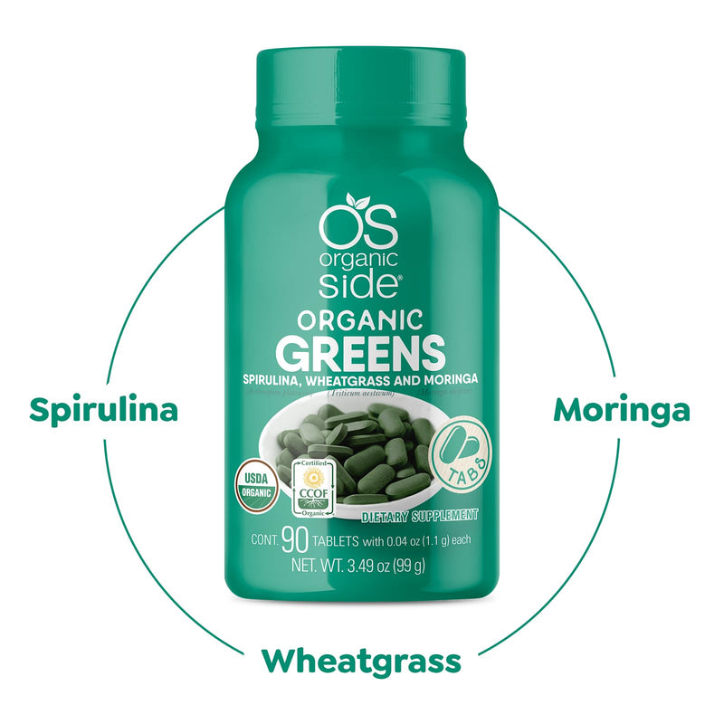 Organic Greens (Spirulina, Wheatgrass & Moringa) 90 Tablets - Rich in Vitamins and Minerals - Super Greens 1100 mg - Certified USDA - Non GMO - Vegan