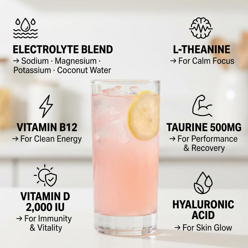 Glow Electrolyte Drink Mix for Women with Hyaluronic Acid, Vitamin B12 + B6, L-Theanine & Taurine – No Sugar, No Caffeine (Pink Lemonade Flavor) 24 Count 24 Count (Pack of 1)