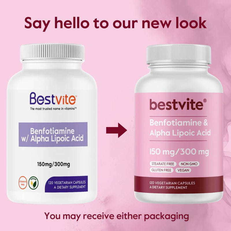 BESTVITE Benfotiamine 150mg/Alpha Lipoic Acid 300mg (240 Veg Caps)(120x2) | No Stearates - Vegan - Gluten Free - Non GMO - Fat Soluble Vitamin B1 Thiamine Supplement - ALA Supplement 120 Count (Pack of 2)