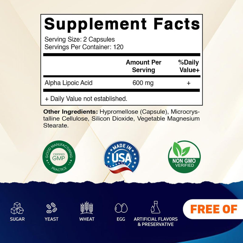 Vitamatic Alpha Lipoic Acid (ALA) 600mg Per Serving - 240 Vegetable Capsules - 120 Servings - Non-GMO & Gluten Free 240 Count (Pack of 1) - BeesActive Australia