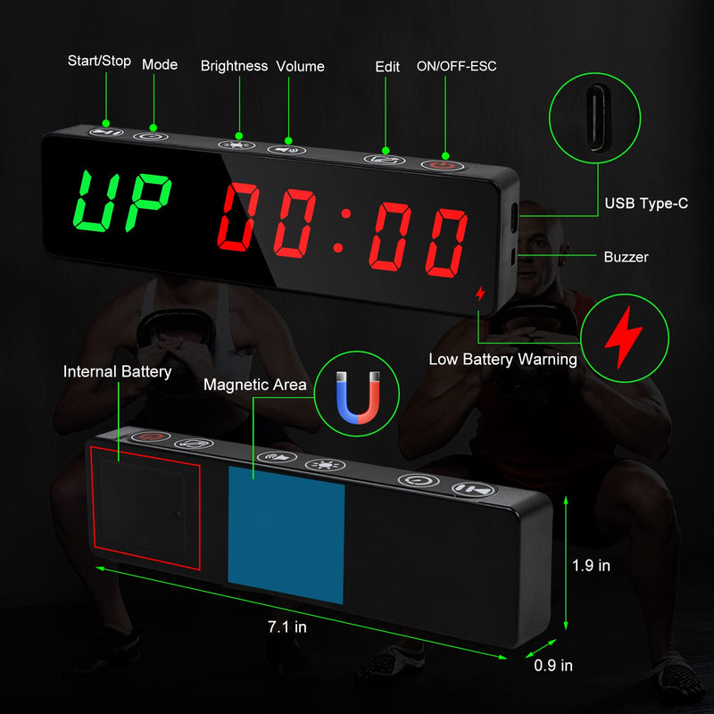 Gym Timer, Portable, Interval Timer with Rechargeable Battery and Built-in Magnet, LED Digital Anti Vertigo Display, Upgraded Workout Clock for Home Gym Garage Fitness Black - BeesActive Australia