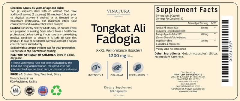 Tongkat Ali Fadogia Agrestis - 1200mg, Enhanced with Nitric Oxide Booster Supplement, Longjack Tongkat Ali for Men, *USA Made and Tested*, 60 Capsules - BeesActive Australia