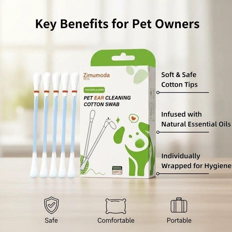 50 Pcs 2-in-1 Pet Ear Cleaning Cotton Swabs for Dogs & Cats - Essential Oil Infused Cat Ear Cleaner - Gentle Ear Wax Removal - Soothing Itch & Freshness - Individually Wrapped for Easy Use