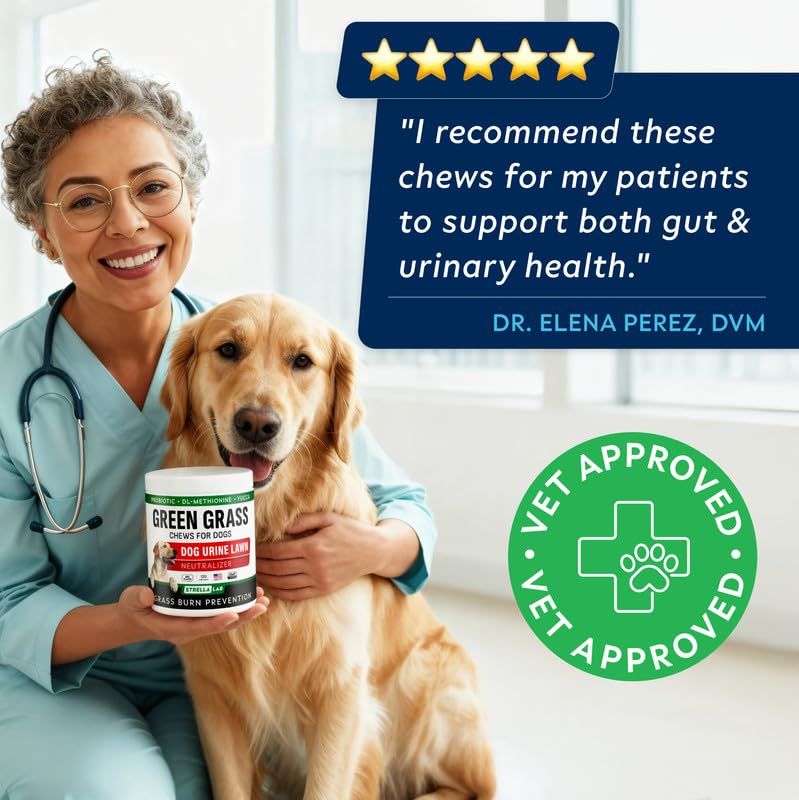 STRELLALAB Dog Pee Grass Chews - Urine Neutralizer for Green Grass Burn Spots - Grass Treatment for Pet Urine - Green Lawn Chews for Dogs with Probiotics - Made in USA (120Ct) 120Ct (BBQ)