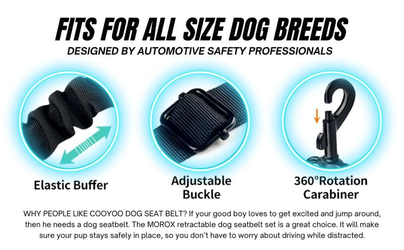 Norox Set of 3 Retractable Seat Belts: Adjustable Dog Seat Belt for Car | Sturdy, Durable, 360 Degree Rotating Elastic Straps for Pet Safety | Universal Fit Small to Large Dog Seat Belt Harness, Black - BeesActive Australia