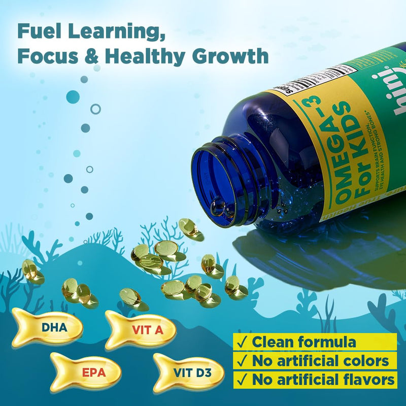 HINI Omega-3 for Kids- Omega 3 DHA Vitamins, Immunity Kids, Omega Vitamins for Brain & Eye Health and Strong Bones Support, 2 per Serving /180 Serving