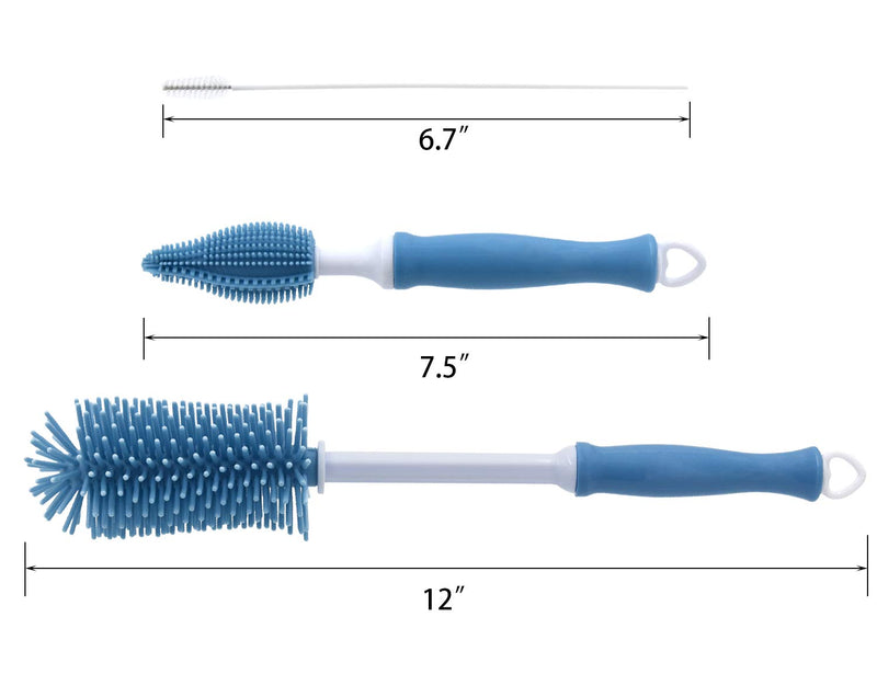 Silicone Bottle Cleaning Brush, 12" Long Handle Water Bottles Cleaner for Baby Bottles, Sports Bottle, Vase, Glassware, and Smaller Diameter Bottle Openings Set of 3 - Blue - BeesActive Australia