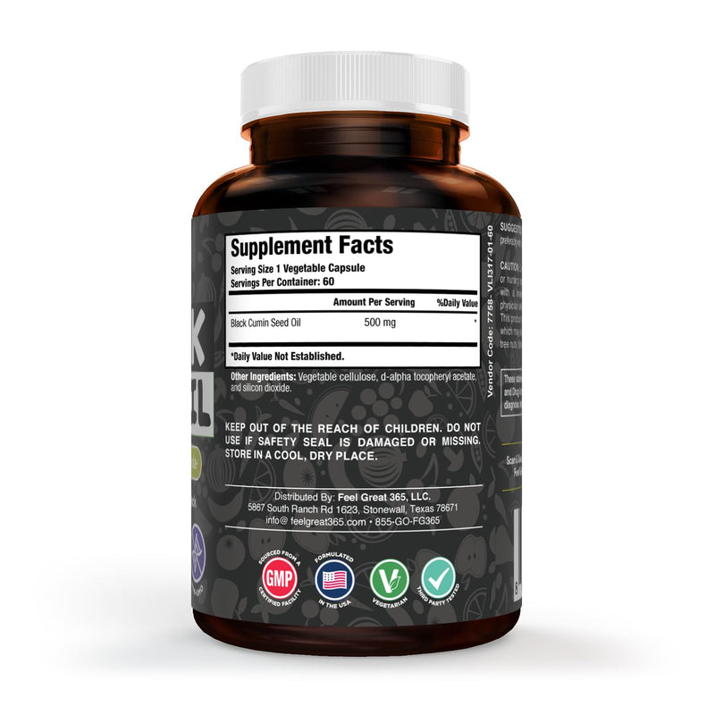 Feel Great Vitamins Black Seed Oil Softgels – Cold-Pressed Nigella Sativa with Vitamin E – 500mg – 60 Vegan Capsules – Non-GMO, Made in USA