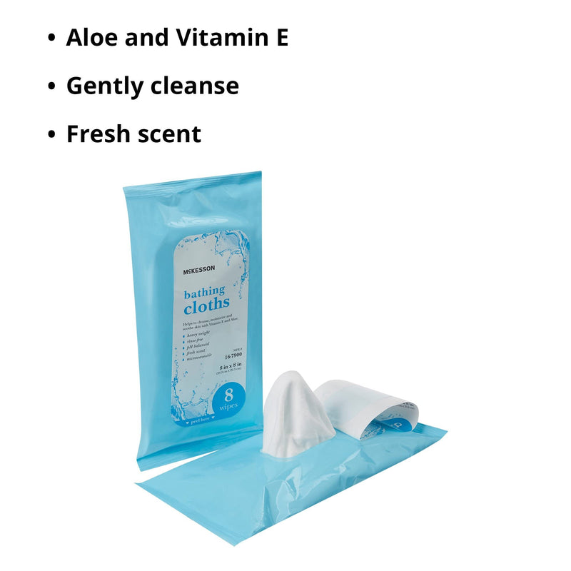 McKesson Bathing Cloth with Aloe & Vitamin E No Rinse Shower &, 8 Wipes | Disposable Washcloths, pH Balanced, Fresh Scent, Singe Use Shower Wipes, Purified Water
