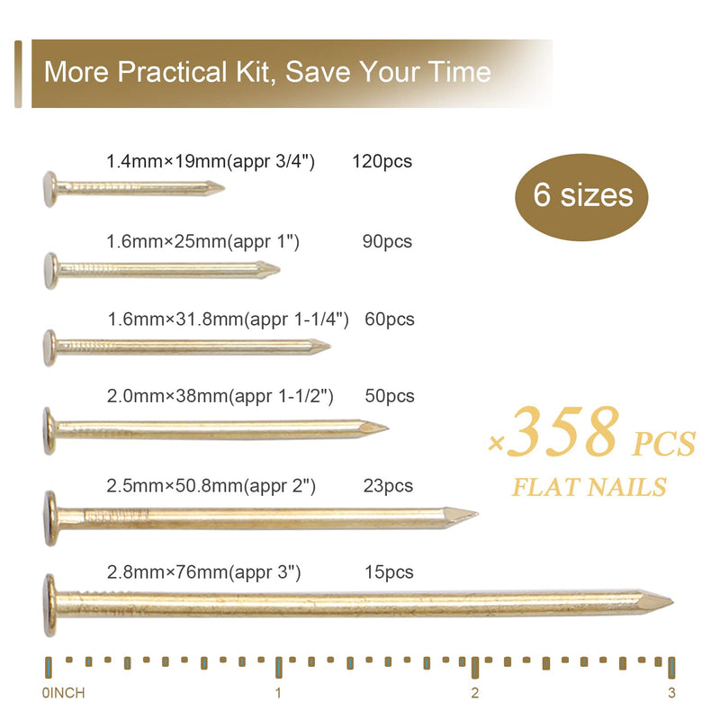6 Sizes Gold Hardware Nails Assortment Kit, 358pcs, Brass Plated, Nails for Hanging Pictures, Finishing Nails, Wood Nails, Wall Nails for Hanging (3”, 2”, 1-1/2”, 1-1/4", 1”, 3/4") 358 - BeesActive Australia
