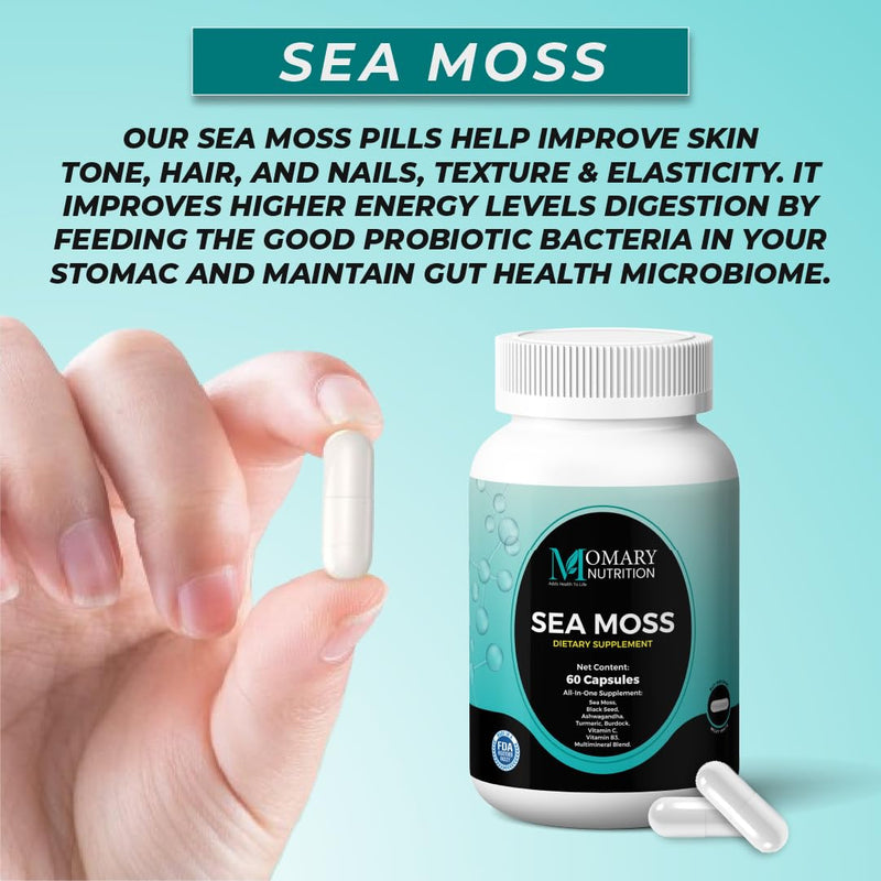 Sea Moss, Black Seed, Ashwagandha, Turmeric, Burdock, Vitamin C, Vitamin B3, Multimineral Blend, All-in-One Supplement for Men and Women, Vegan, Gluten Free, Non-GMO, 60 Capsules