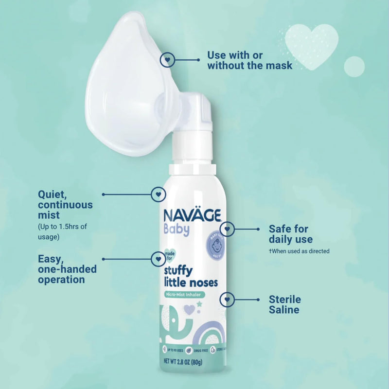 Navage Baby Micro-Mist Saline Inhaler - Saline Nasal Spray for Congestion Relief - Pediatrician Endorsed Baby Nasal Spray w/Mask & Quiet, Continuous Mist (2.8 oz)