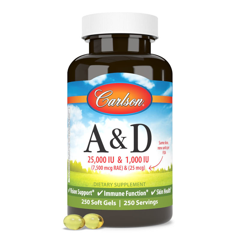 Carlson - A & D, 25000 IU (7500 mcg RAE) Vitamin A, 1000 IU (25 mcg) Vitamin D, Vision Support, Skin Health, 250 Softgels - BeesActive Australia