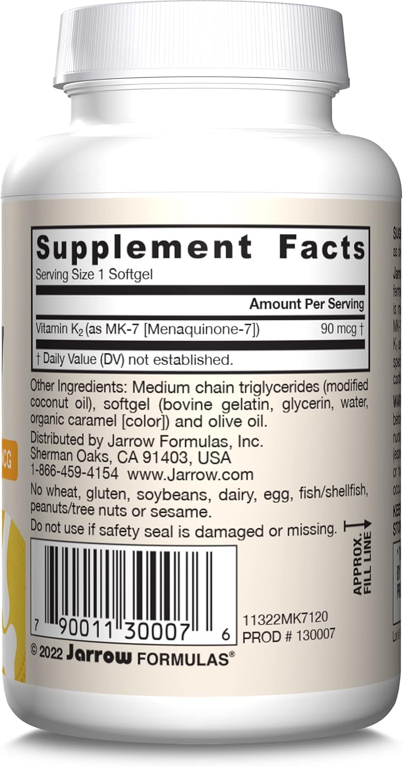 Jarrow Formulas MK-7 90 mcg - Bioactive Form of Vitamin K2-120 Servings (Softgels) - for Bone & Cardiovascular Health - Vitamin K2 MK-7 Dietary Supplement - Gluten Free (Pack of 2) 120 Count (Pack of 2)