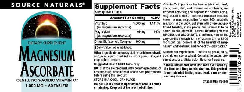 Source Naturals, Magnesium Ascorbate - 1000 mg, 60 Tablets | Gentle Non-Acidic Vitamin C* 60 Count (Pack of 1)