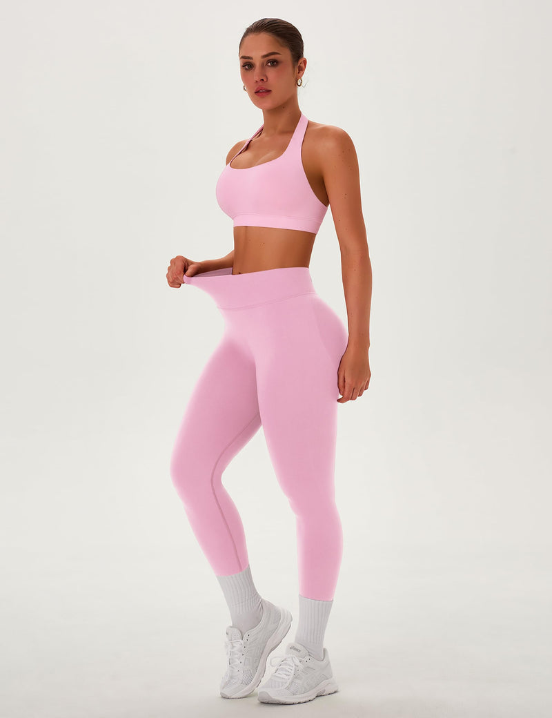 TDIFFUN Women Workout Sets 2 Piece Seamless Scrunch Butt Leggings Padded Halter Sports Bra Matching Set Gym Yoga Outfits Pink Medium
