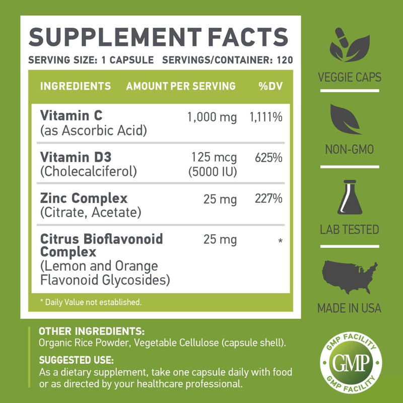 CDZ - Immune Support Complex | Vitamin C 1000mg, D3 125mcg, Zinc 25mg | High-Absorption Veggie Capsules | Non-GMO, Gluten-Free | 4-Month Supply (120 Capsules)