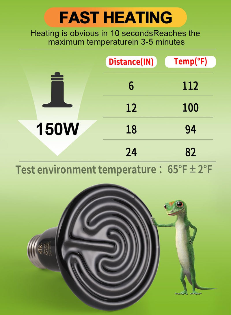 OMAYKEY 2-Pack 150W Ceramic Heat Lamp with 1-pcs Digital-Thermometer, Infrared Heat Emitter Bulbs for Reptiles, Amphibians, Chicken Brooder Coop Lizard Turtle Snake Aquarium, No Light No Harm 150.0 Watts