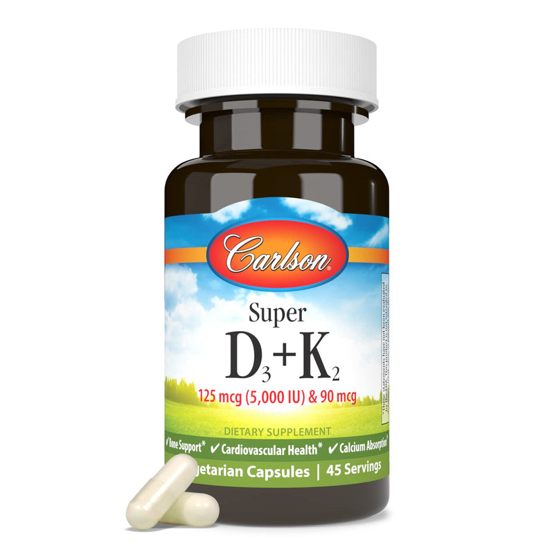 Carlson Super D3 + K2, 125 mcg (5000 IU), 45 Vegetarian Capsules | Vitamin D3; 90 mcg Vitamin K2 as MK-7; Bone Support; Calcium Absorption 45 Count (Pack of 1)