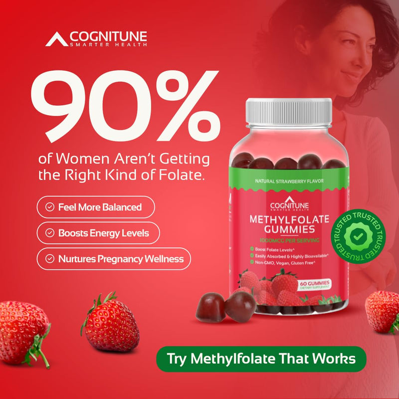 CogniTune Methylfolate Gummies for Kids and Adults 1000mcg 60 Count | L-Methylfolate 5-MTHF, MTHFR Support, Strawberry Chewable Vitamin B9, Non-GMO Vegan 60 Count (Pack of 1)