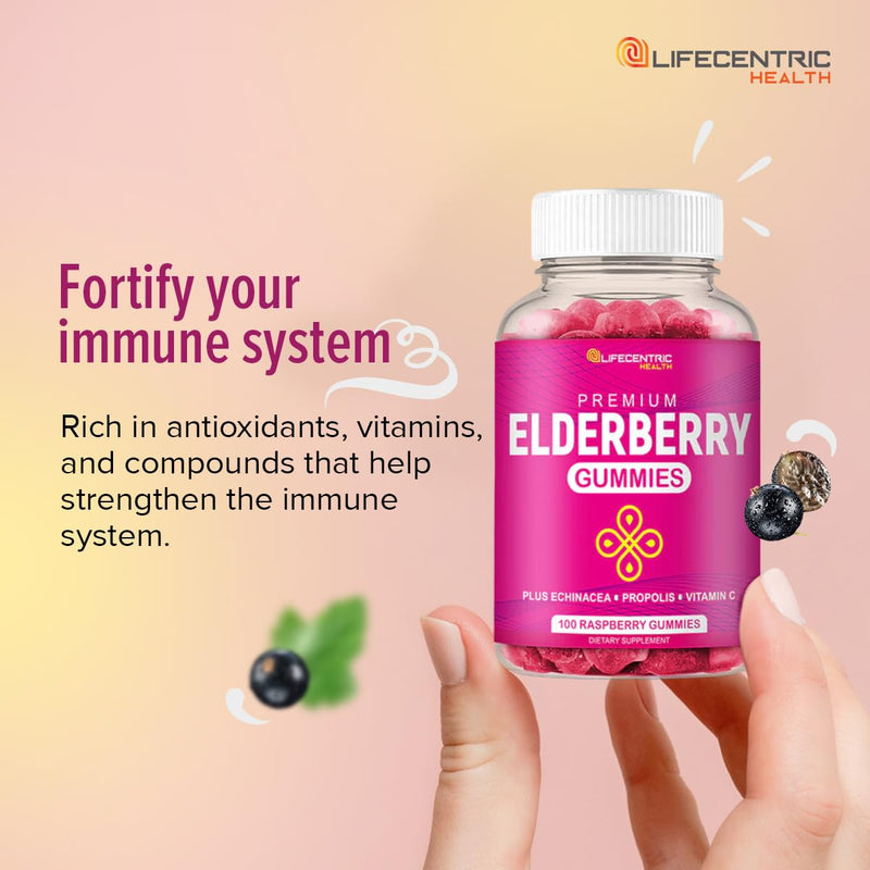 LifeCentric Health Elderberry Gummies for Kids & Adults Plus Vitamin C, Propolis & Echinacea Delicious Raspberry Gummy